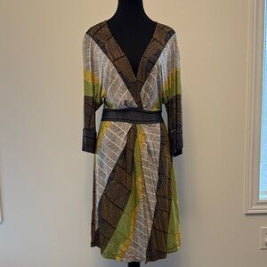 BCBG Wrap-Style V-Neck Midi Dress in Olive and Brown S